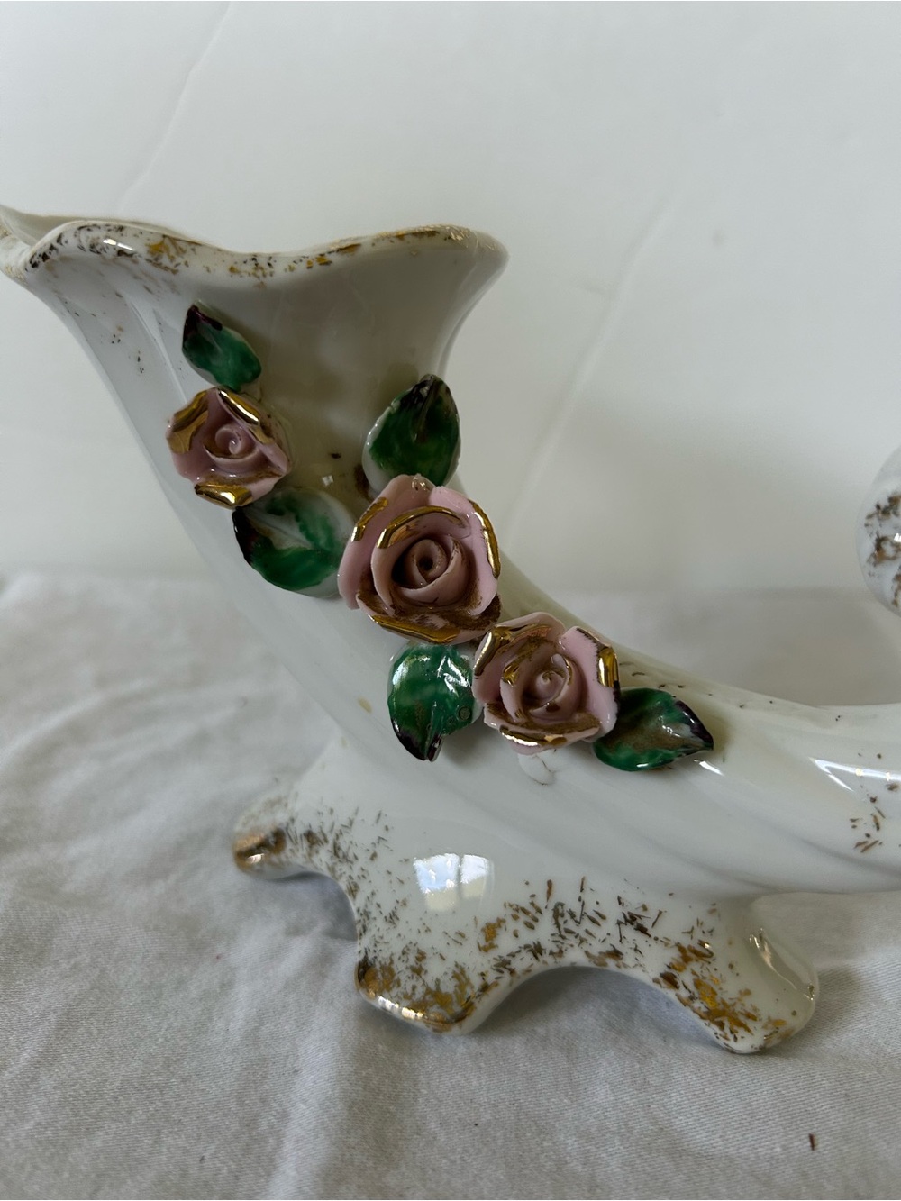 Porcelain White Cornucopia Vase with Pink Rose Accents - Picture 2 of 11